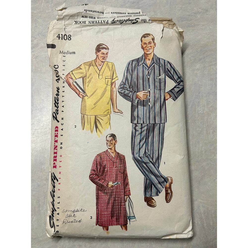 Vintage 1950's Simplicity Pattern #4108‎ Men's Pajama and Nightshirt Size M